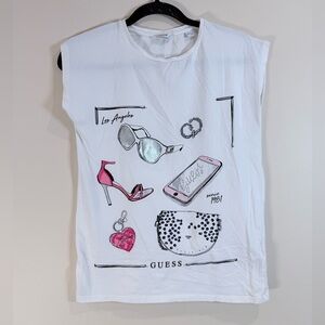 🔥NWOT GUESS White Graphic Sleeveless Tee with Pink Accents Size 14 🔥